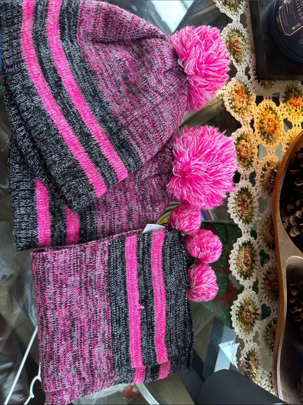 Pink Platinum Pink and Gray Striped Pom Beanie Hat Set